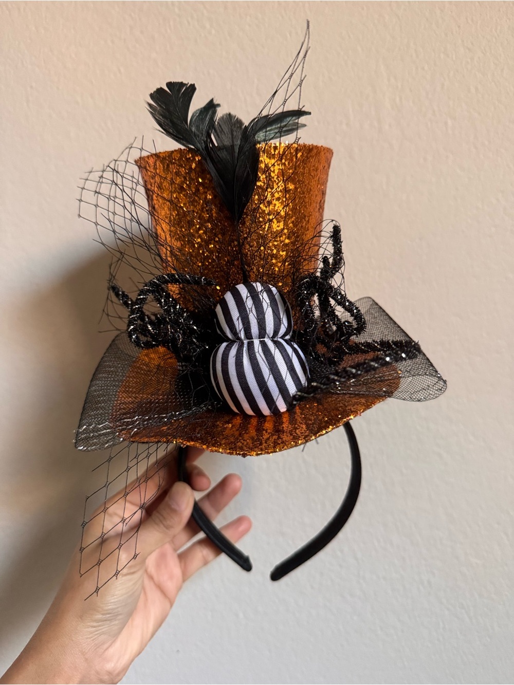Orange Glitter Mini Top Hat Headband with Black Accents - Halloween